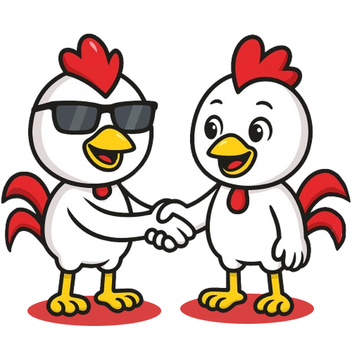 Two friendly chicken mascots shaking hands